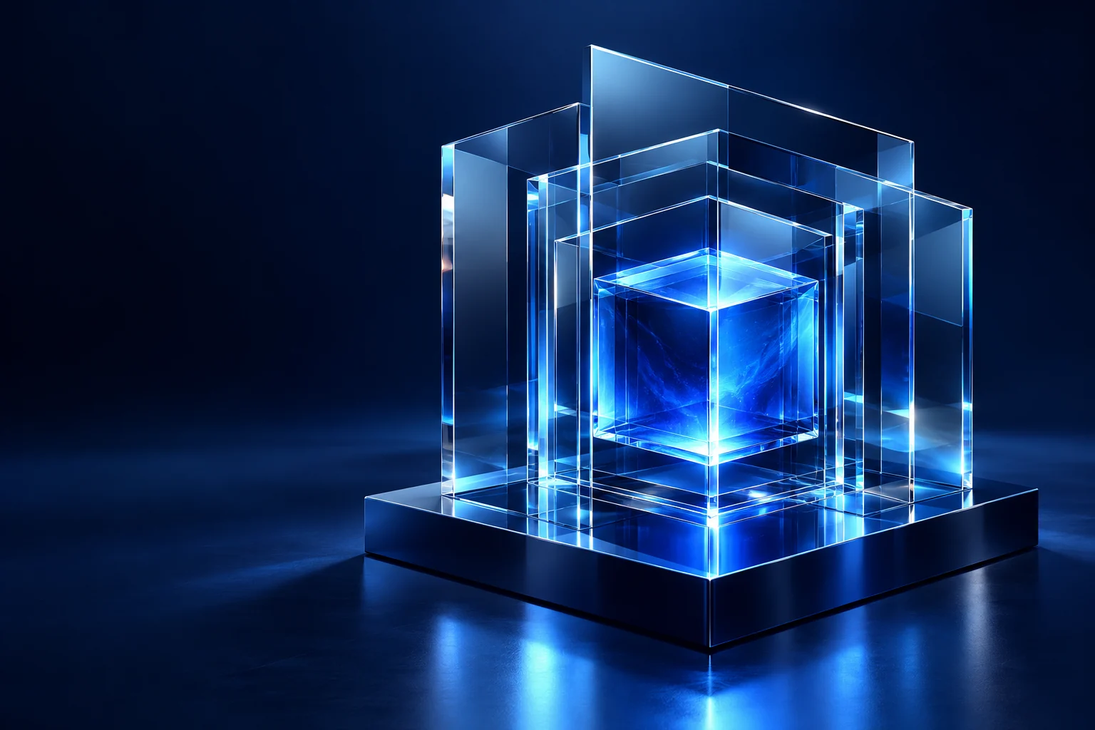 Layered architectural glass protecting a luminous blue core